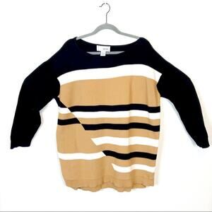 Joan Vass Sweater Stripe Rounded Hem Women's Plus Size 1X Tan Black White Cotton